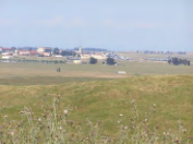 Photo of Travis Air Force Base with a plane landing.